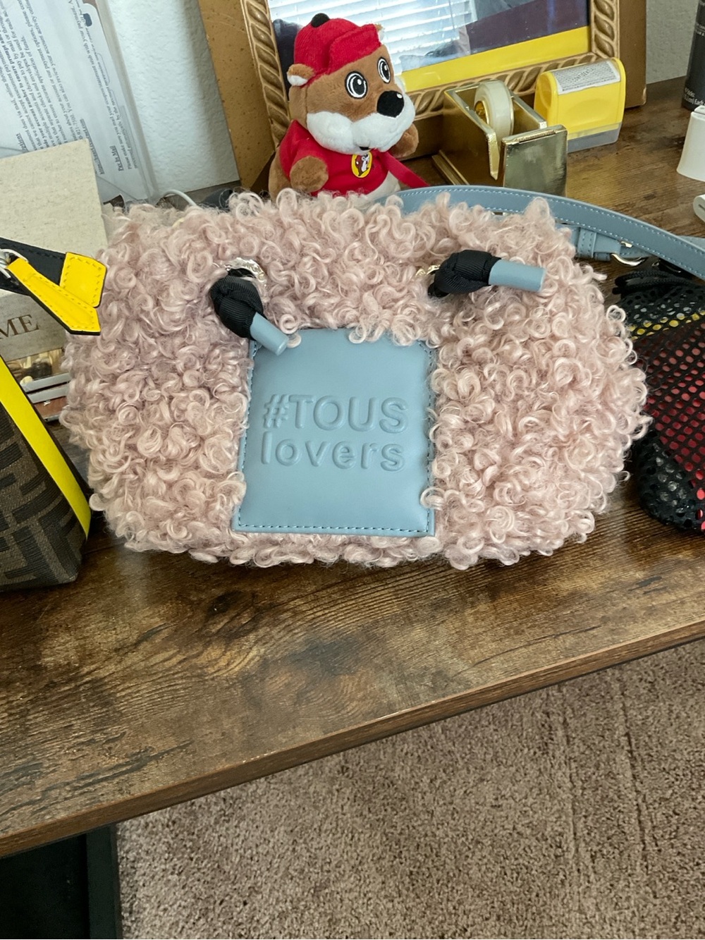 TOUS Pink Curly Faux Fur Crossbody with Light Blue Logo Patch